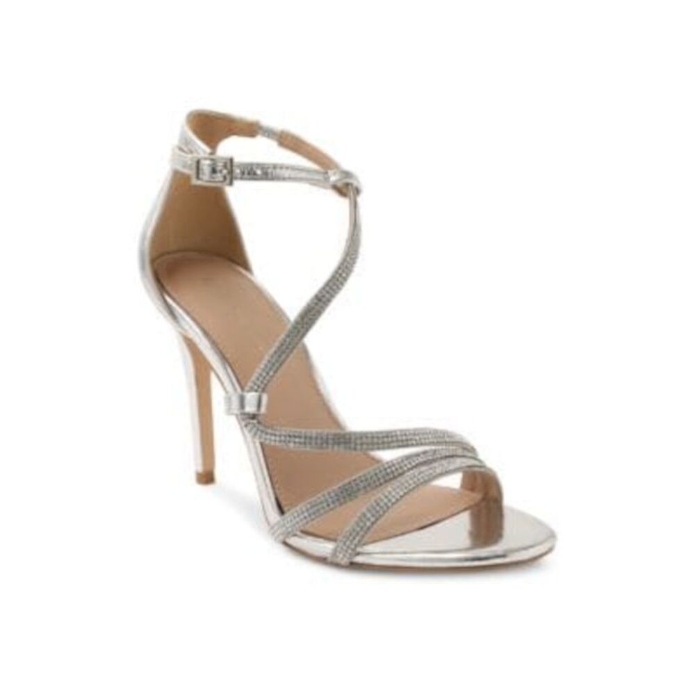 BCBGENERATION Womens Silver Jalila Round Toe Stiletto Leather Sandals 6 M